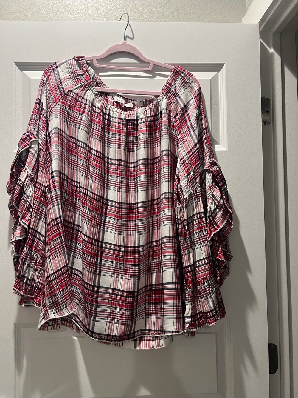 Fever Pink & White Plaid Off-Shoulder Ruffle Sleeve Blouse